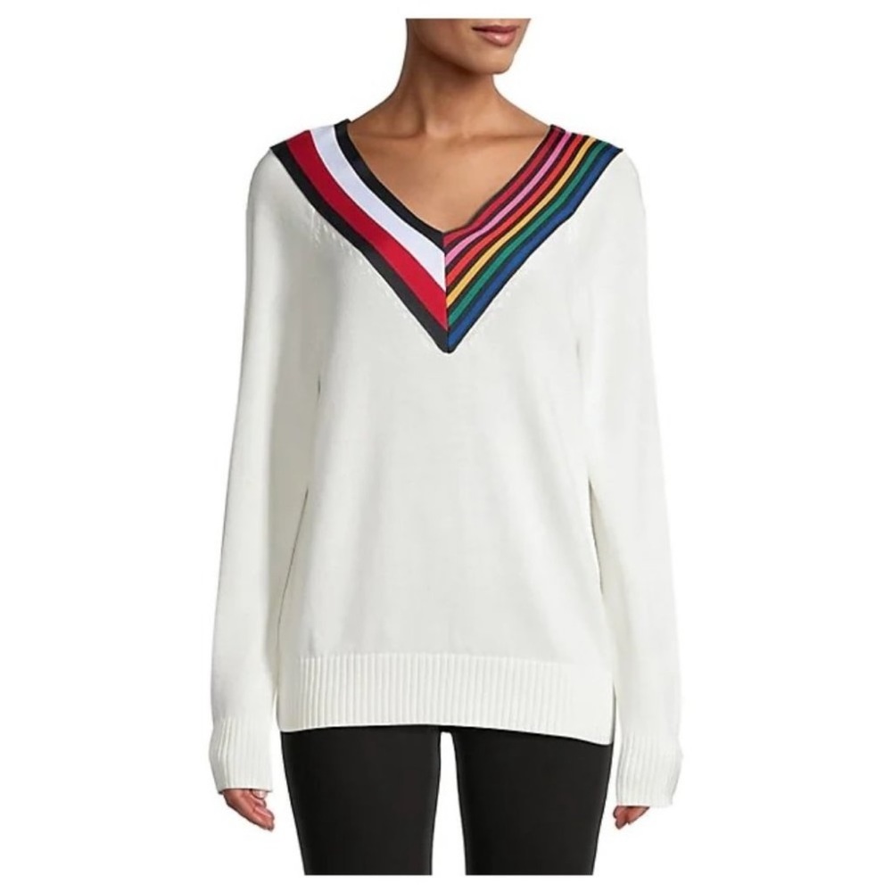 Tommy Hilfiger White V-Neck Sweater with Rainbow Stripe Detail